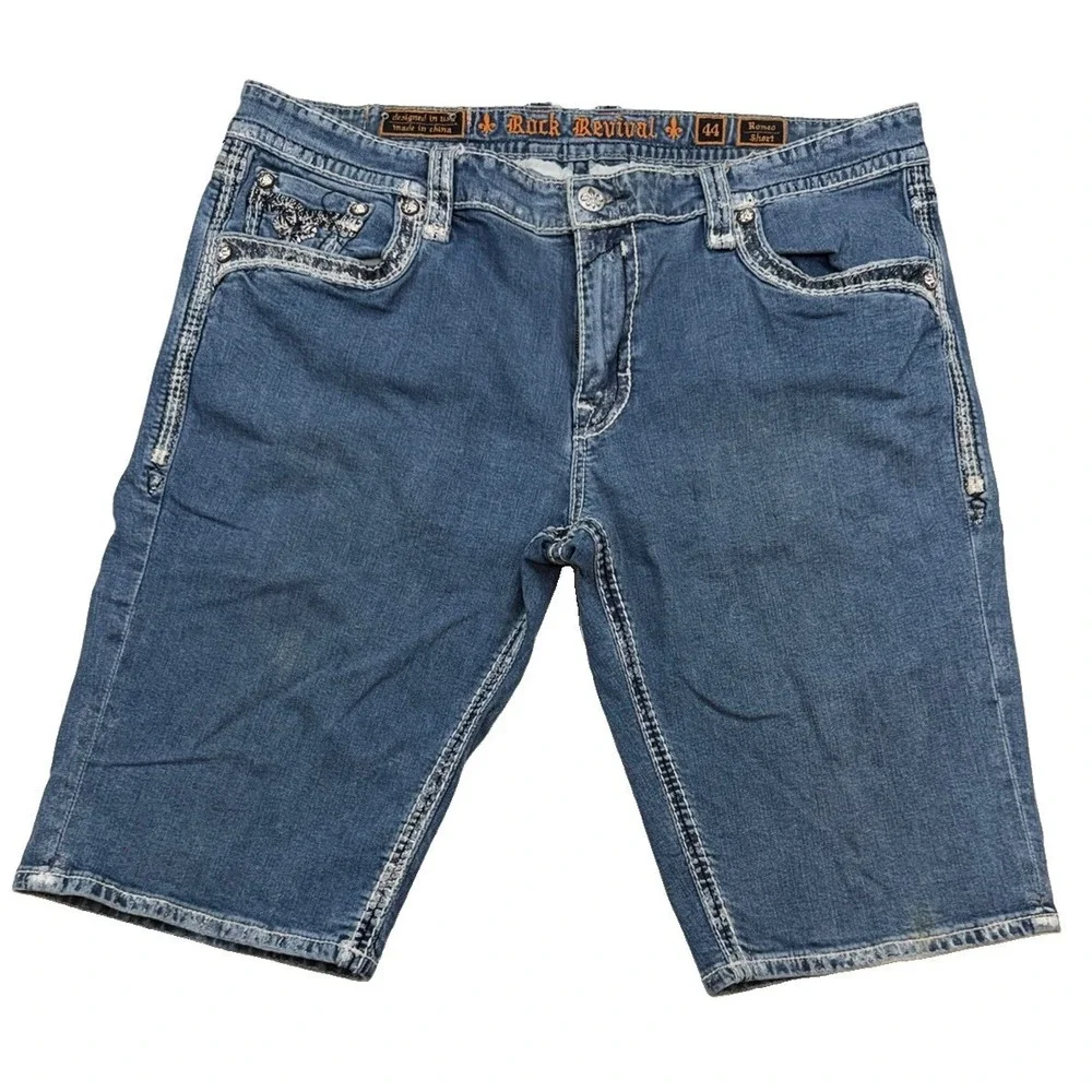 Rock Revival Men's Romeo Thick Stitch Blue Stretch Denim Jean Shorts Size 44